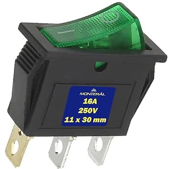 Interruttore Unipolare Luminoso Verde 250V 16A 3 Faston 6,3mm 11 x 30 mm Corpo di Colore Nero Garanzia di 10 Anni - MONTERAL