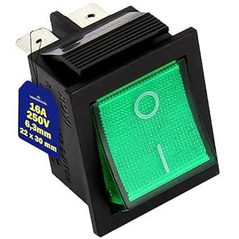 Interruttore Bipolare Luminoso Verde 250V 16A 4 Faston 6,3mm 22 x 30 mm Corpo di Colore Nero Garanzia di 10 Anni - MONTERAL