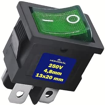 Interruttore Bipolare Luminoso Verde 250V 6A Faston 4,8mm Corpo di Colore Nero Garanzia di 10 Anni - MONTERAL