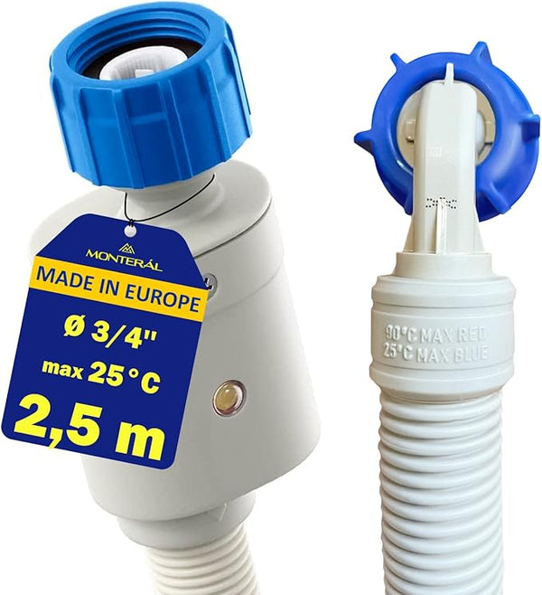 Inlet Hose Aquastop 2,5 m for Washing Machine and Dishwasher with Straight and Angled Safety Valve Ø 3/4" - Warranty 10 Years - MONTERAL
