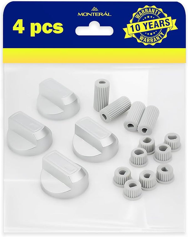 Boutons Rotatifs pour Plaque de Cuisson Gaz – Set de 4 Pièces et Adaptateurs pour Axe Encastré et Haut Ø 6 mm et Ø 8 mm - Gris Satiné - Garantie de 10 Ans - MONTERAL