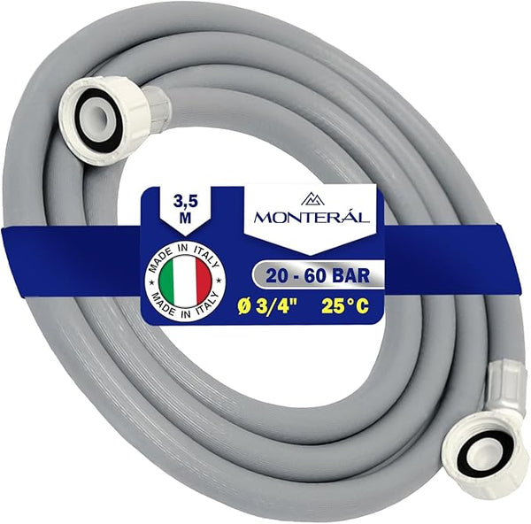 Manguera Lavadora y Lavavajillas 3,5 m para Entrada Agua para Temperaturas de hasta 25°C Presión de 20 a 60 Bar con Válvula de Seguridad Recta y Acodada Ø 3/4" - MADE IN ITALY - MONTERAL