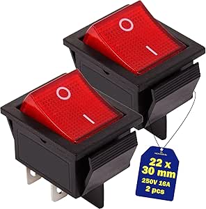 2 Pezzi Interruttore Bipolare Luminoso Rosso 250V 16A 4 Faston DA 6,3mm 22 x 30 mm Corpo di Colore Nero Garanzia di 10 Anni - MONTERAL