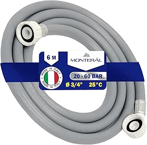 Manguera Lavadora y Lavavajillas 6 m para Entrada Agua para Temperaturas de hasta 25°C Presión de 20 a 60 Bar con Válvula de Seguridad Recta y Acodada Ø 3/4" - MADE IN ITALY - MONTERAL