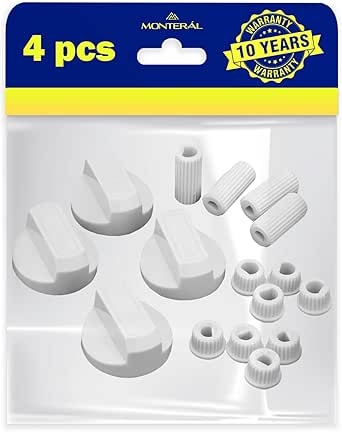 Boutons Rotatifs pour Plaque de Cuisson Gaz – Set de 4 Pièces et Adaptateurs pour Axe Encastré et Haut Ø 6 mm et Ø 8 mm - Couleur Blanche - Garantie de 10 Ans - MONTERAL