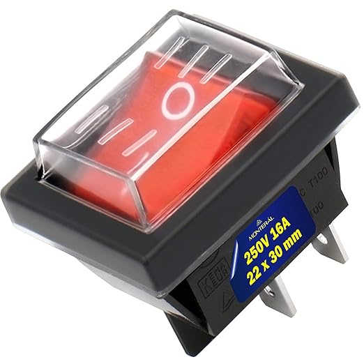 Interruttore Bipolare Luminoso Rosso e Coperchio di Protezione 250V 16A 22 x 30 mm Corpo di Colore Nero Garanzia di 10 Anni - MONTERAL