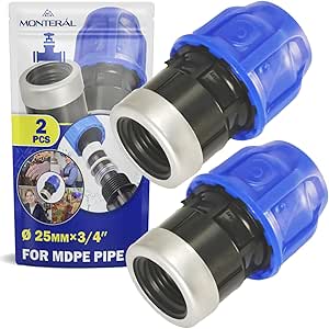 2 Pieces Sleeve Ø 25 mm x 3/4″ with Female Thread Reinforced with Galvanised Steel Ring Adapter Made of Polypropylene PP for Connecting Polyethylene PE Pipes - MONTERAL