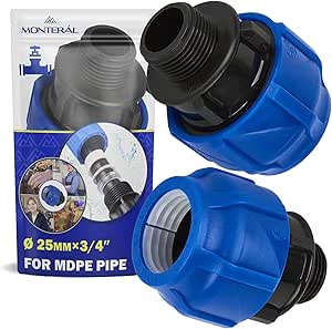 2 Pieces Sleeve Ø 25 mm x 3/4″ with Male Thread Adapter Made of Polypropylene PP for Connecting Polyethylene PE Pipes - MONTERAL