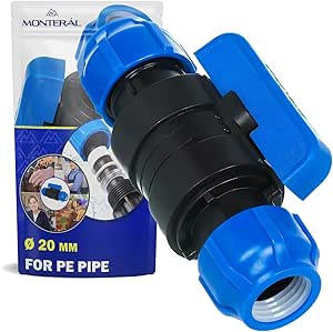 Pipe Connector with Ball Valve Ø 20 mm Made of Polypropylene PP for Connecting Polyethylene PE Pipes - MONTERAL