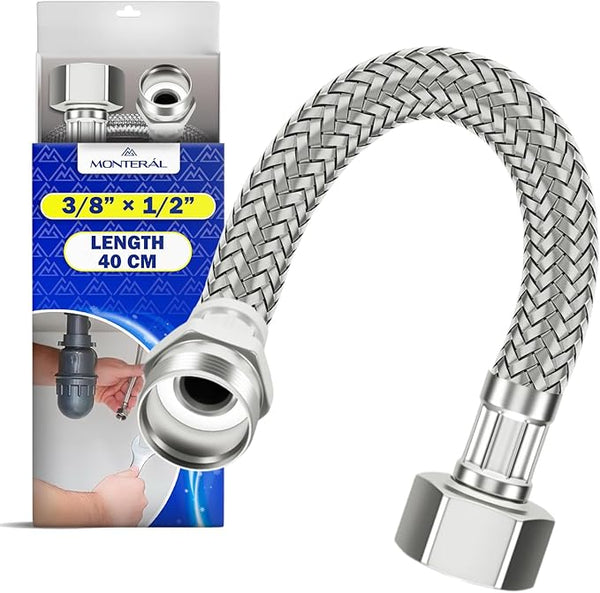 Latiguillos de Fontanería 40 cm con Malla de Acero Inoxidable Hembra-Macho 3/8” x 1/2” con un Diámetro de 13 mm - Garantía de 10 Años - MONTERAL