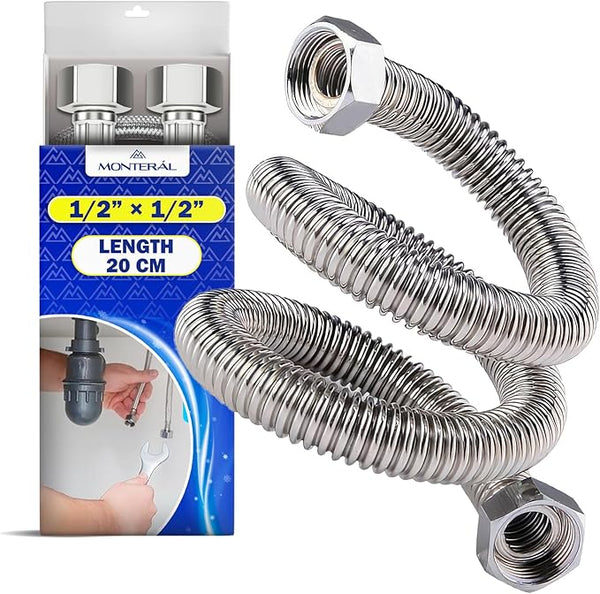 Flexibles Wasseranschluss 20 cm mit Edelstahlgewebe Innengewinde-Innengewinde 1/2” x 1/2” mit einem Durchmesser von 13 mm - Garantie 10 Jahre - MONTERAL