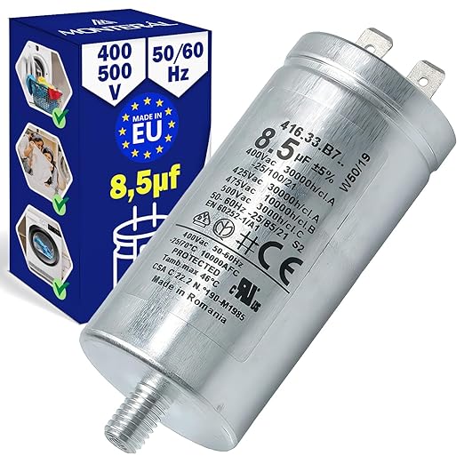 Condensatore di Avviamento 8,5µf per Asciugatrici 400V - 500V 50/60Hz -25 a +70 °C con Codice Originale C00258619 per Indesit 482000023051 per Whirlpool - MADE IN EU - MONTERAL