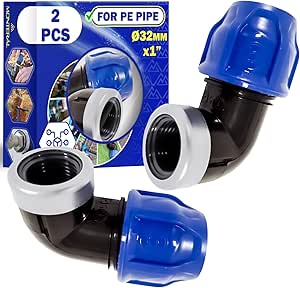 2 Pièces Raccord Ø 32 mm x 1″ Coudé 90° à Filetage Femelle Renforcé par une Bague en Acier Galvanisé en Polypropylène PP pour Connexion de Tuyau Polyethylene PE - MONTERAL