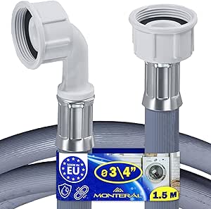 Dishwasher and Washing Machine Hose 1,5 m for Water Inlet Temperatures up to 25°C with Straight and Angled Safety Valve Ø 3/4" - MADE IN EU - Warranty 10 Years - MONTERAL