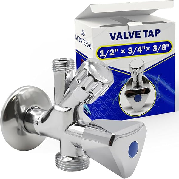 Llave de Escuadra 1/2" x 3/4" x 3/8" en Latón Cromado para Suministro de Agua a Lavadora Lavavajillas Lavabo - Garantía de 10 Años - MONTERAL