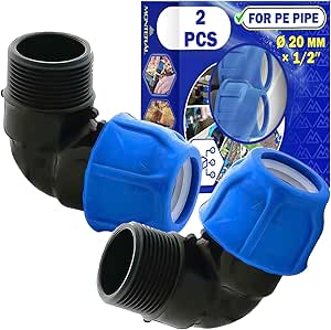 2 Piezas Racor Ø 20 mm x 1/2″ de Codo 90° con Rosca Macho de Polipropileno PP para Conectar Tubo Polietileno PE - MONTERAL