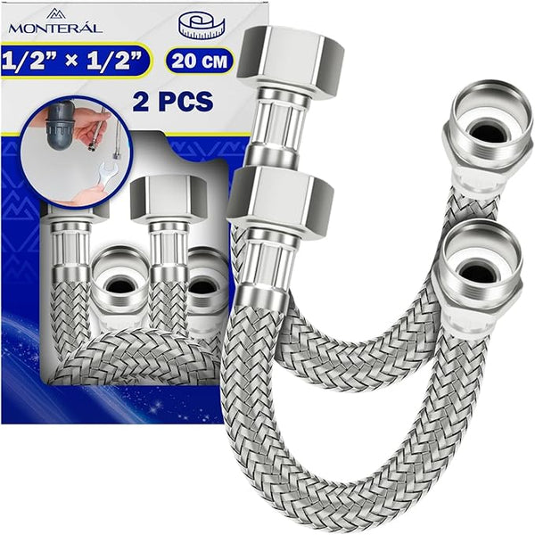 2 Pieces Plumbing Flexible Hose Pipe 20 cm with Stainless Steel Mesh Female-Male 1/2” x 1/2” with a Diameter of 13 mm Length 20 cm - Warranty 10 Years – MONTERAL