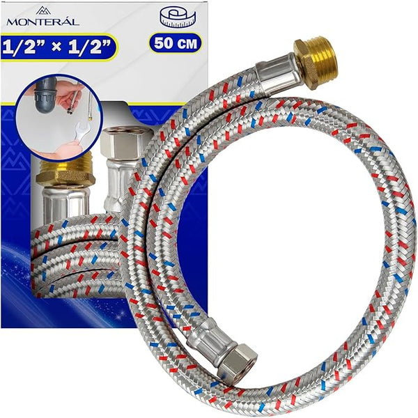 Latiguillos de Fontanería 50 cm con Malla de Acero Inoxidable Hembra-Macho 1/2” x 1/2” con un Diámetro de 13 mm - Garantía de 10 Años - MONTERAL