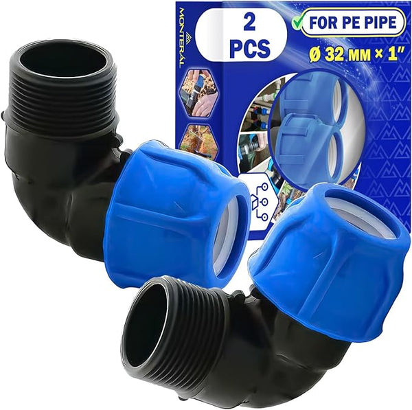2 Pièces Raccord Ø 32 mm x 1″ Coudé 90° à Filetage Mâle en Polypropylène PP pour Connexion de Tuyau Polyethylene PE - MONTERAL