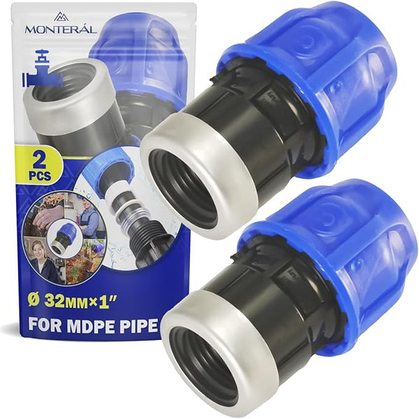 2 Pieces Sleeve Ø 32 mm x 1″ with Female Thread Reinforced with Galvanised Steel Ring Adapter Made of Polypropylene PP for Connecting Polyethylene PE Pipes - MONTERAL