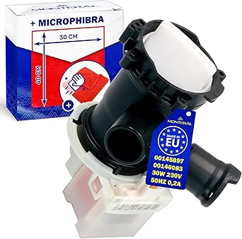 Drain Pump for Washing Machine 30W 230V 50HZ 0,2A with Original Code 00145897 145897 00146083 146083 for Bosch for Siemens - Complete with Microfibre Cloth - MADE IN EU - Warranty 10 Years - MONTERAL