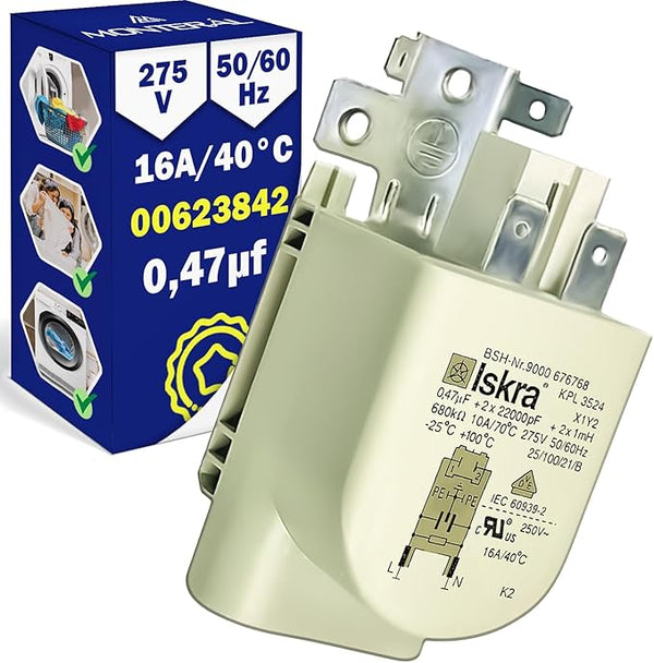 Washing Machine Anti Interference Capacitor 0,47µF 16A/40°C 275V 50/60Hz with the Original Code 00623842 623842 9000 676768 for Bosch for Siemens - Warranty 10 Years - MONTERAL