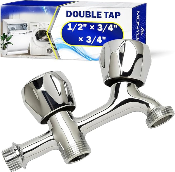 Double Tap for Washing Machine and Dishwasher 1/2" x 3/4" x 3/4" in Chromium Plated Brass - Warranty 10 Years - MONTERAL