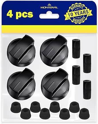 Boutons Rotatifs pour Plaque de Cuisson Gaz – Set de 4 Pièces et Adaptateurs pour Axe Encastré et Haut Ø 6 mm et Ø 8 mm - Couleur Noir - Garantie de 10 Ans - MONTERAL