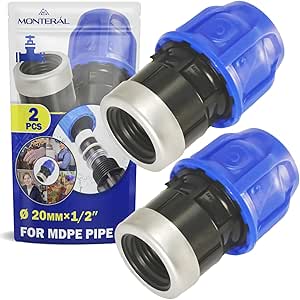 2 Pieces Sleeve Ø 20 mm x 1/2″ with Female Thread Reinforced with Galvanised Steel Ring Adapter Made of Polypropylene PP for Connecting Polyethylene PE Pipes - MONTERAL