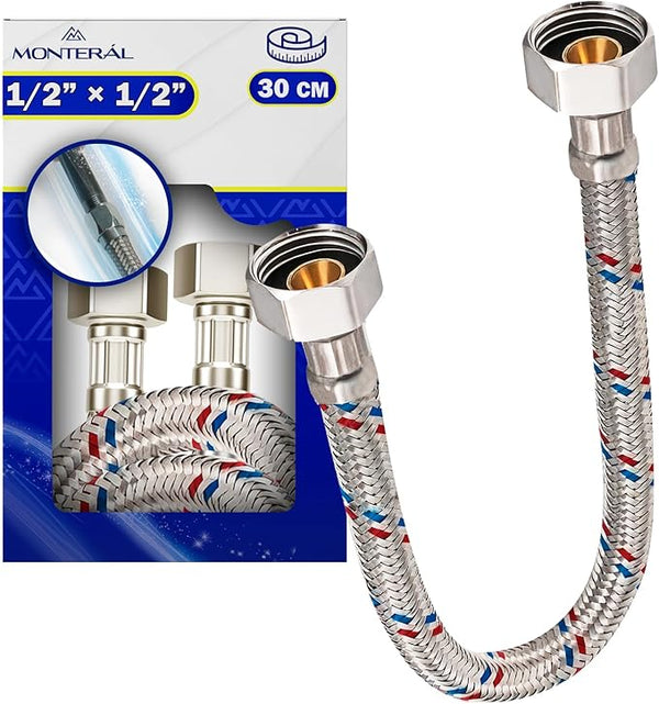 Flexibles Wasseranschluss 30 cm mit Edelstahlgewebe Innengewinde-Innengewinde 1/2” x 1/2” mit einem Durchmesser von 13 mm - Garantie 10 Jahre - MONTERAL
