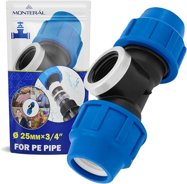 Tee Adapter Ø 25 mm x 3/4″ with Angle 90° and Female Thread Reinforced with Galvanised Steel Ring Made of Polypropylene PP for Connecting Polyethylene PE Pipes - MONTERAL