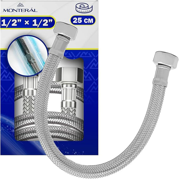 Flexibles Wasseranschluss 25 cm mit Edelstahlgewebe Innengewinde-Innengewinde 1/2” x 1/2” mit einem Durchmesser von 13 mm - Garantie 10 Jahre - MONTERAL
