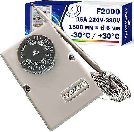 Termostato Universale F2000 Dimensioni Capillare 1500 mm x Ø 6 mm Temperatura di Esercizio -30°C / +30°C 16A 220V-380V per Essere Utilizzato come Termostato Frigo Condizionatore D'aria - MONTERAL
