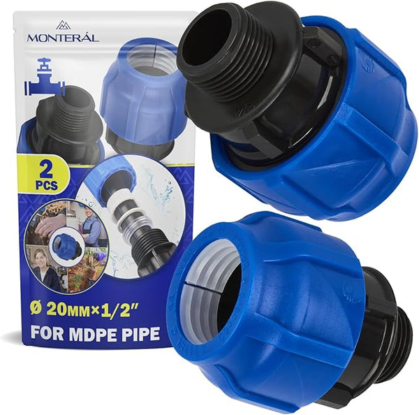 2 Pieces Sleeve Ø 20 mm x 1/2″ with Male Thread Adapter Made of Polypropylene PP for Connecting Polyethylene PE Pipes - MONTERAL