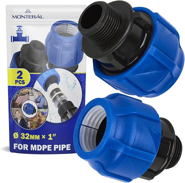 2 Pieces Sleeve Ø 32 mm x 1″ with Male Thread Adapter Made of Polypropylene PP for Connecting Polyethylene PE Pipes - MONTERAL