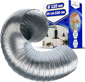 Flexible Aluminium Abluftschlauch Dunstabzugshaube Durchmesser 120 mm Ausziehbare Länge 20 cm - 100 cm Hält Temperaturen bis zu 300°C Stand - Garantie 10 Jahre - MONTERAL