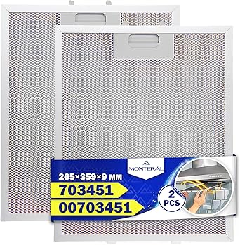 2 Pezzi Alluminio Antigrasso Filtro Cappa Cucina 265 x 359 x 9 mm con Codice Originale 00703451 703451 10035302 per Bosch per Siemens per Balay - Garanzia di 10 Anni - MONTERAL